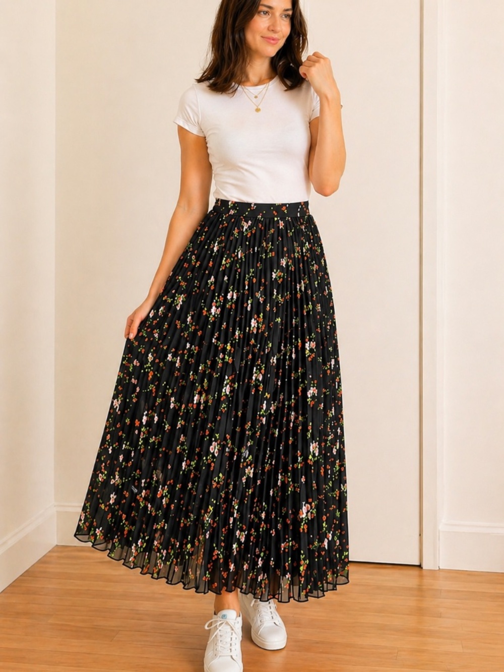 Vince‎ Camuto Black Floral Pleated Chiffon Midi Skirt NWT Large